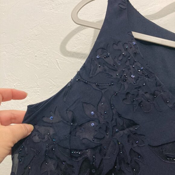 Alex Evenings Maxi Dress Gown Cocktail Holiday Burnout Sheer Floral Silk Navy - Picture 12 of 13